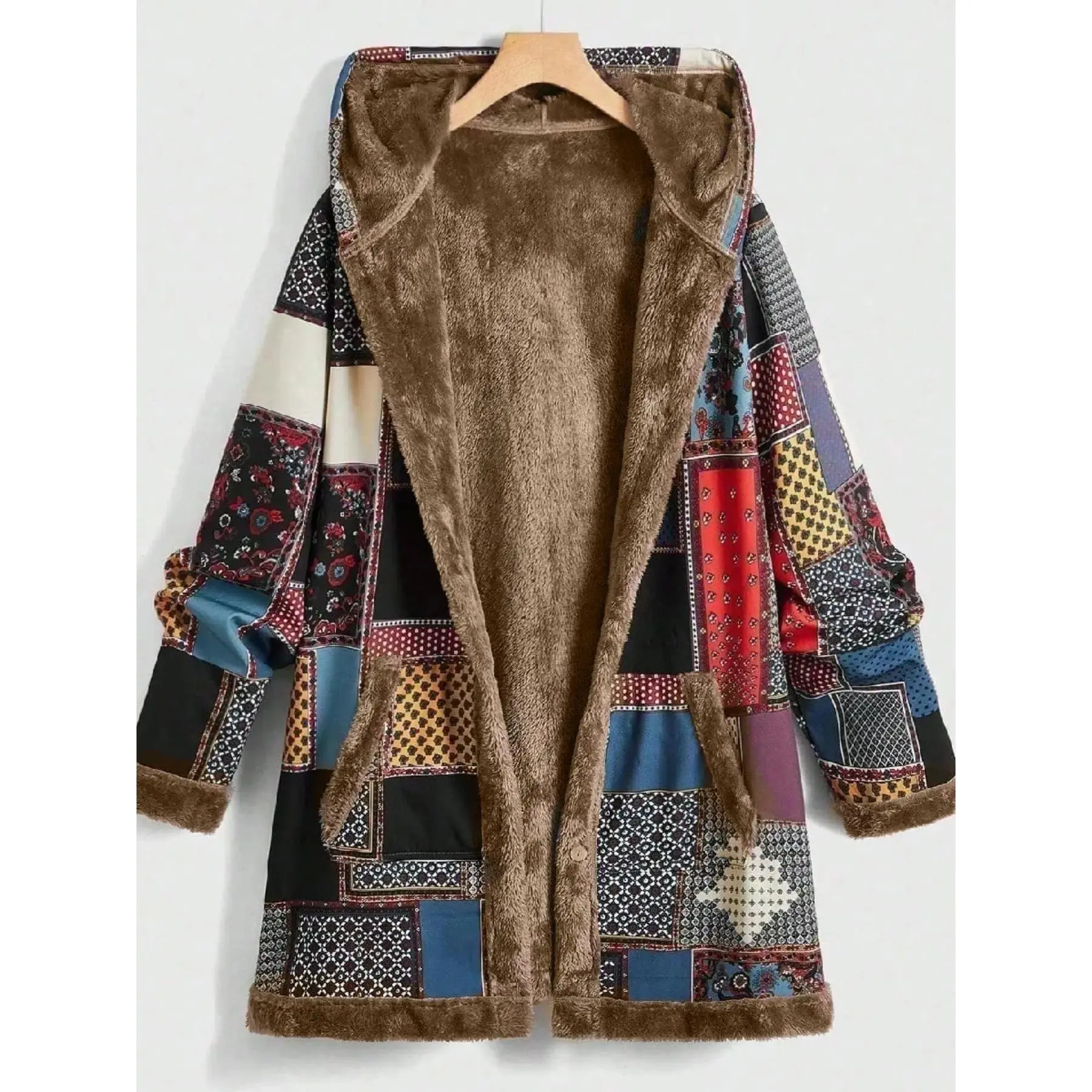 Women's Patchwork Print Long Sleeve Hooded Coat, Chic, Thermal Lined Jacket for Fall & Winter, Women's Clothing for Daily Wear, Autumn Winter Outerwear