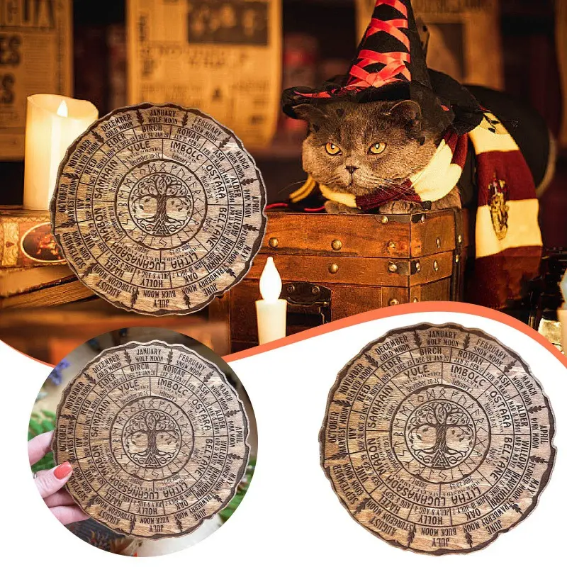 Wooden Celtic Tree Perpetual Calendar Ornament, Round Log Slice Desktop Decor Craft, Natural Wood Display Plaque for Study Desk Home Indoor Decoration