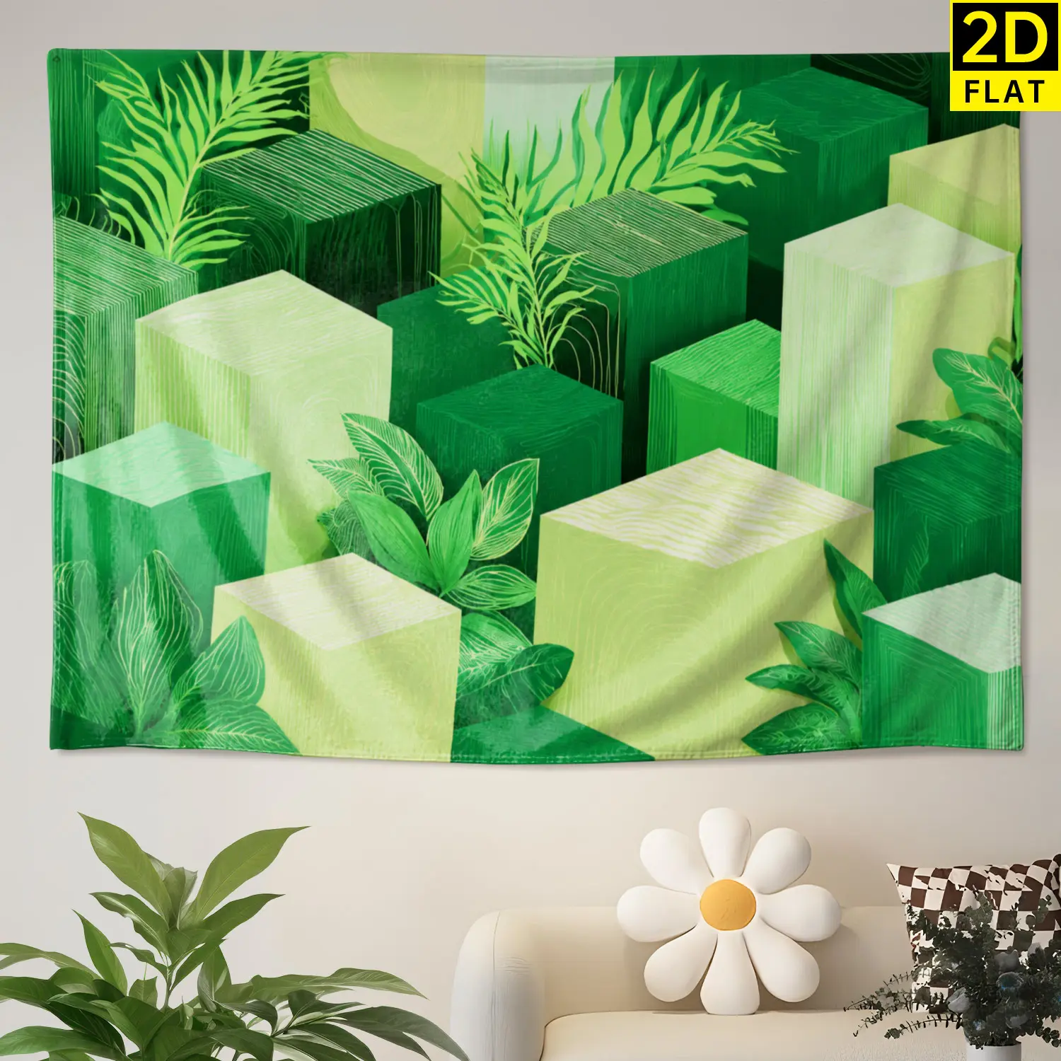 Abstract Green Geometric Cubes Leaf Motifs Tapestry - Large Horizontal Printed Colorfast Hippie Chic Polyester Wall Decor, No Installation Required, Gift Idea for Living Room Outdoor Use, Multi-Size, One-Piece