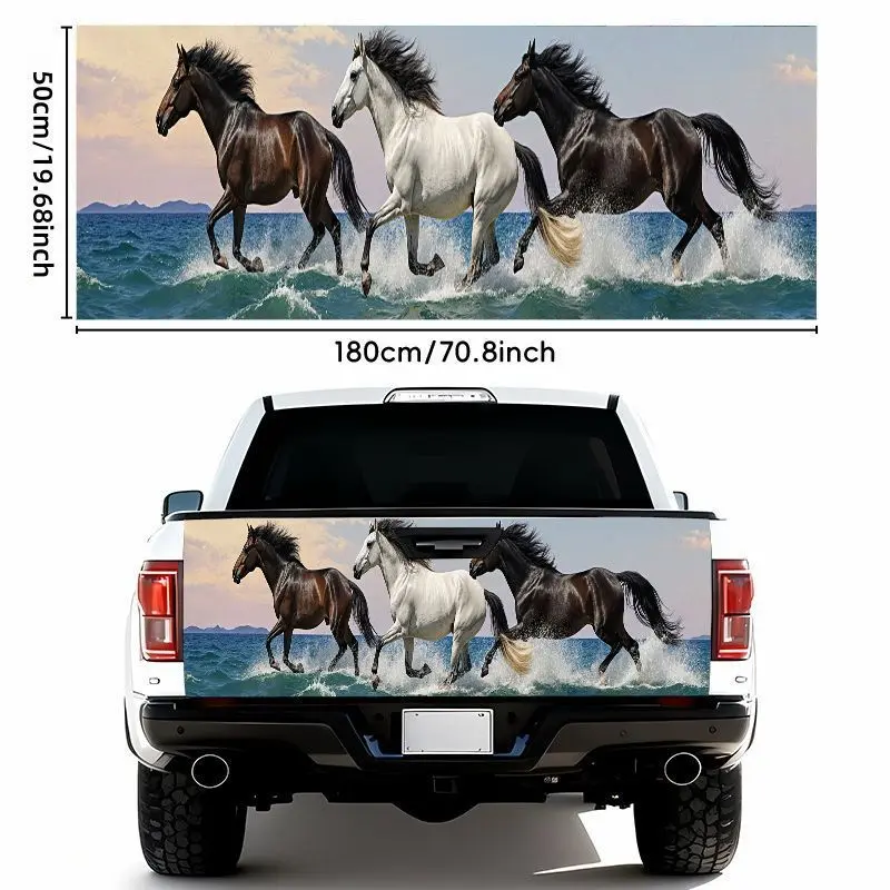 1pc 19.69*70.87inch 3D Horse Galloping Ocean Surf Car Sticker, Car Decals - Waterproof Self-Adhesive Vinyl for Tailgate, Bumper, Window, Hood, Trunk - Durable Weather Resistant Decal with Deep Chocolate, White And Black Horses - Easy to Apply for Most