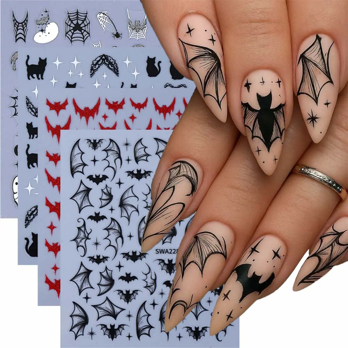 4 Sheets Halloween Nail Art Stickers, Bat Cat Spider Web Design DIY Nail Decals, Perfect for Women and Girls' Nail Festival Decorations, Nail Art Supplies