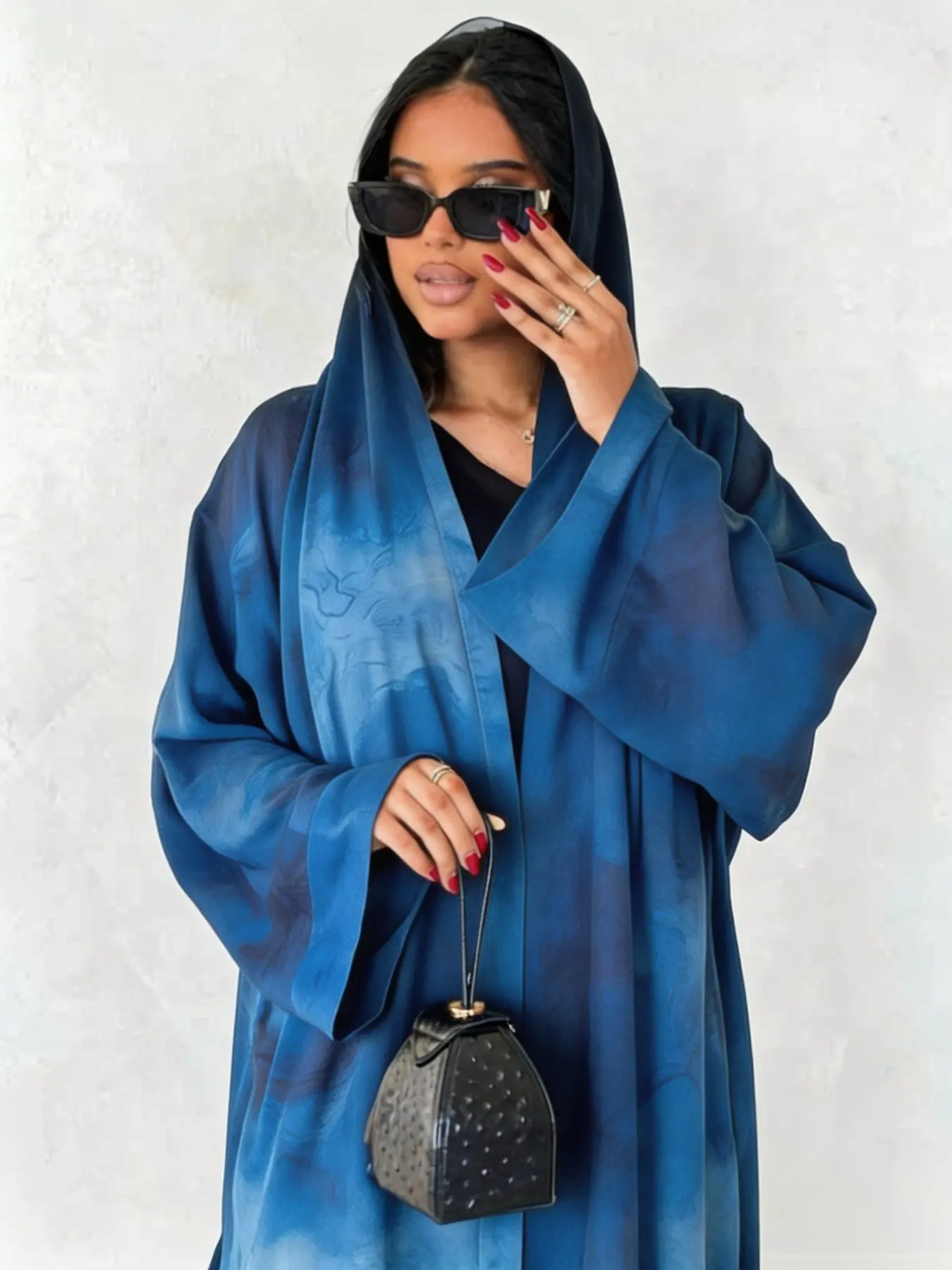 Two-Piece Set Hijab + Open Abaya, Dubai Islamic Muslim Moderate Print Cardigan Headscarf, Suitable for Daily Wear by Women