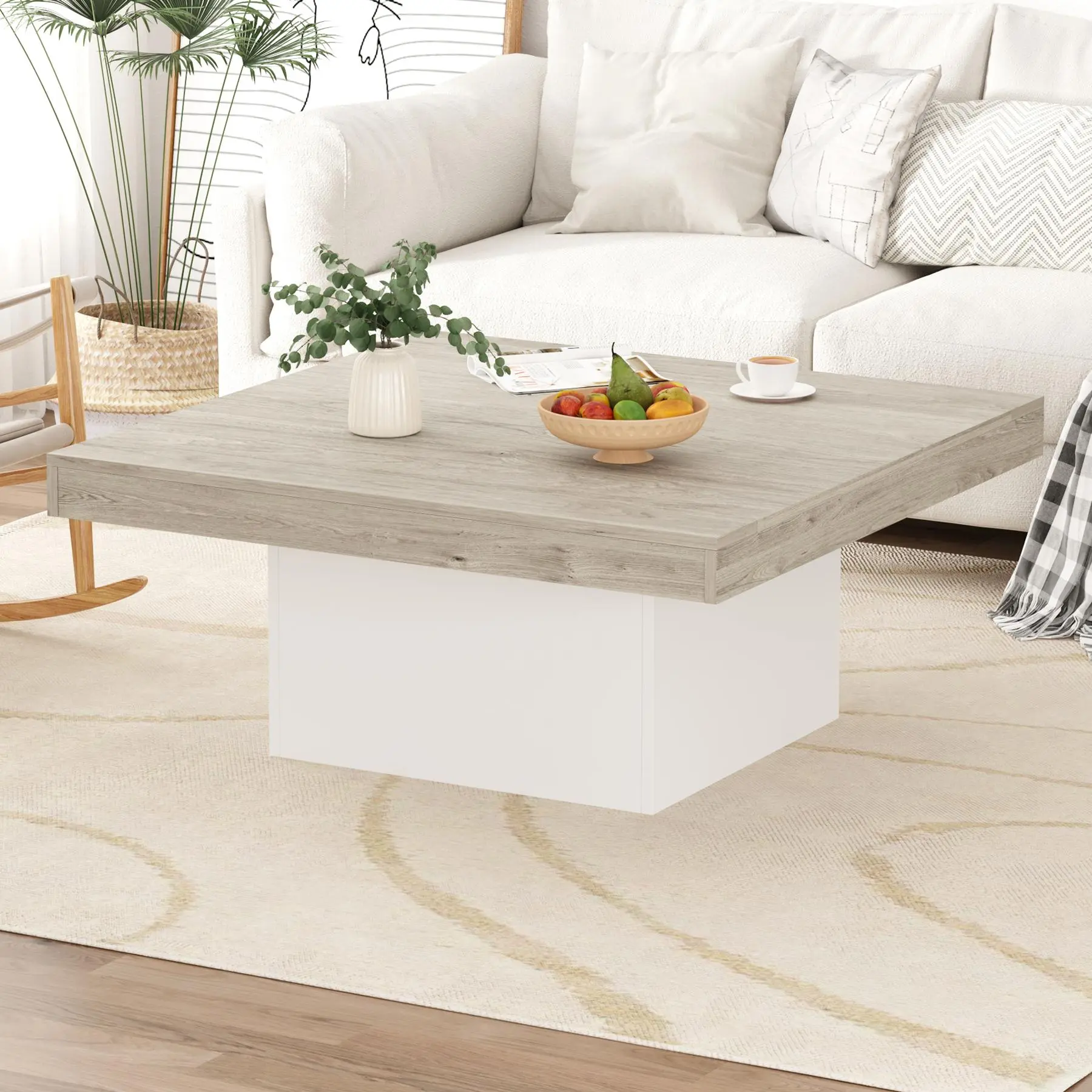 Coffee Table with Led Lights, 35 Inch Square Tables, Modern Coffee Tables with Plug-In 16-Color LED Lights