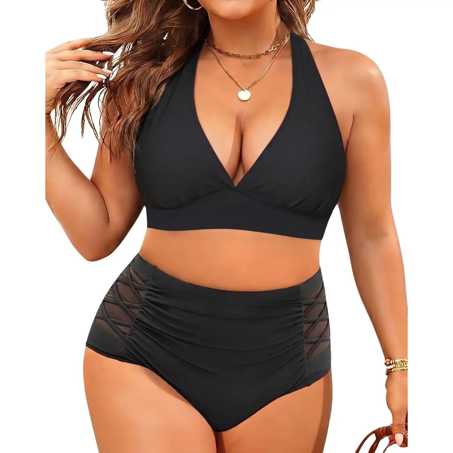 Yonique Womens Two Piece Plus Size Halter Bikini Swimsuits Tummy Control Bathing Suits High Waisted Swimwear V Neck Bikini Top & Full Coverage Bottom
