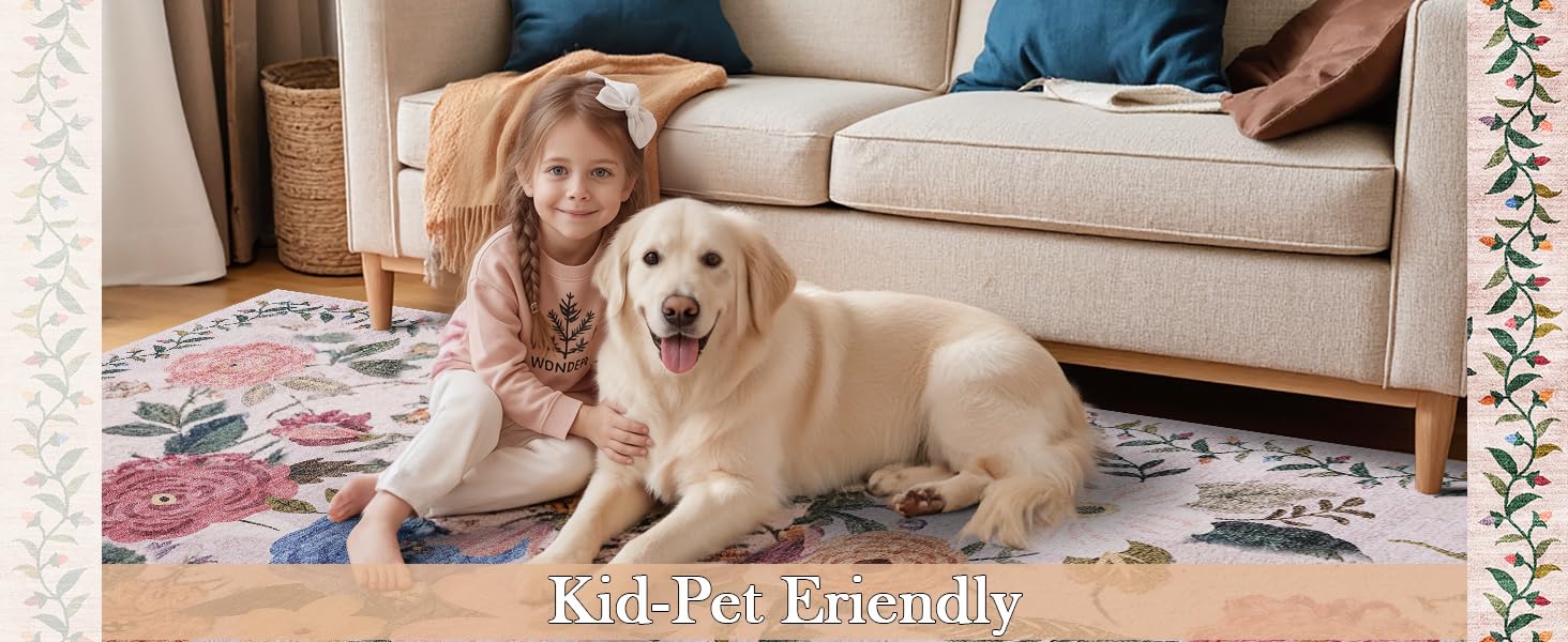 Pink Area Rug 4x6 Rug Washable Boho Rugs Non Slip Low Pile Floral Small Carpet for Bedroom, Bedside, Kids Room, Office, Dining Room(Light Pink, 4 x 6)