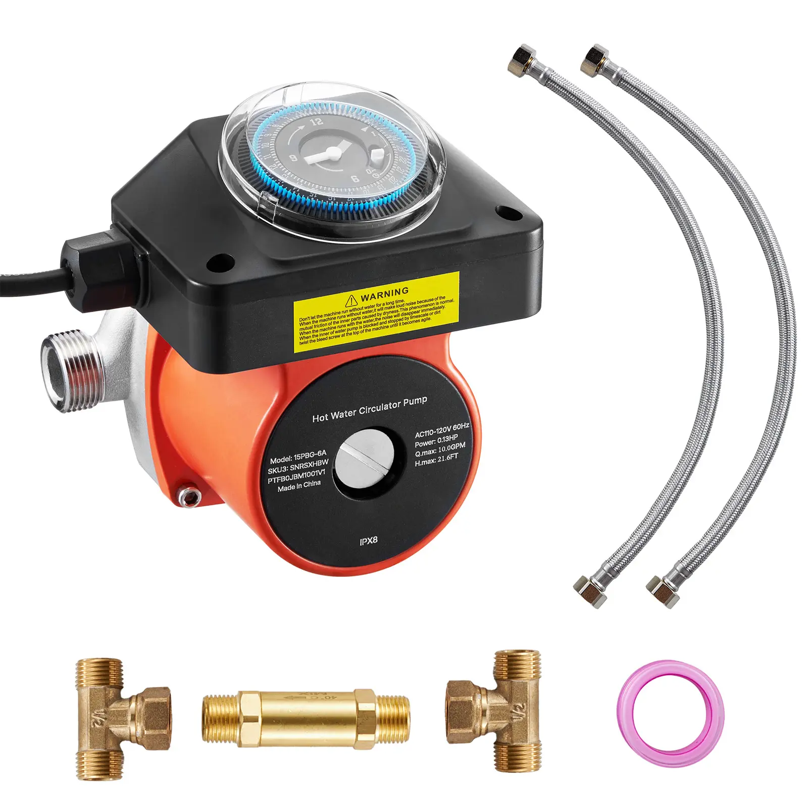 Whole-House Hot Water Recirc Pump for In-Home Use, 0.13 HP Rated Power, 10 gpm Max Flow, Programmable Timer