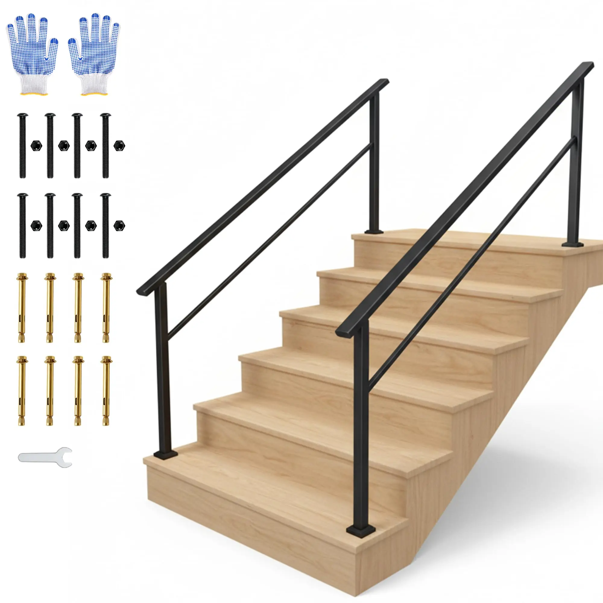 Outdoor Step Handrail Kit, 2-6-Step Aluminum Rail with Iron Frame, Adjustable 0-45° Black Handrail Set with Mounting Hardware & Gloves for Outdoor Stairs