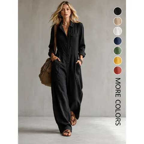 Women's 2026 New French Style Long-Sleeve Polyester Button-Front Full-Length Formal Commuter Workwear Jumpsuit, Loose Fit, Elegant Women's Clothes for Commuting & Office Use