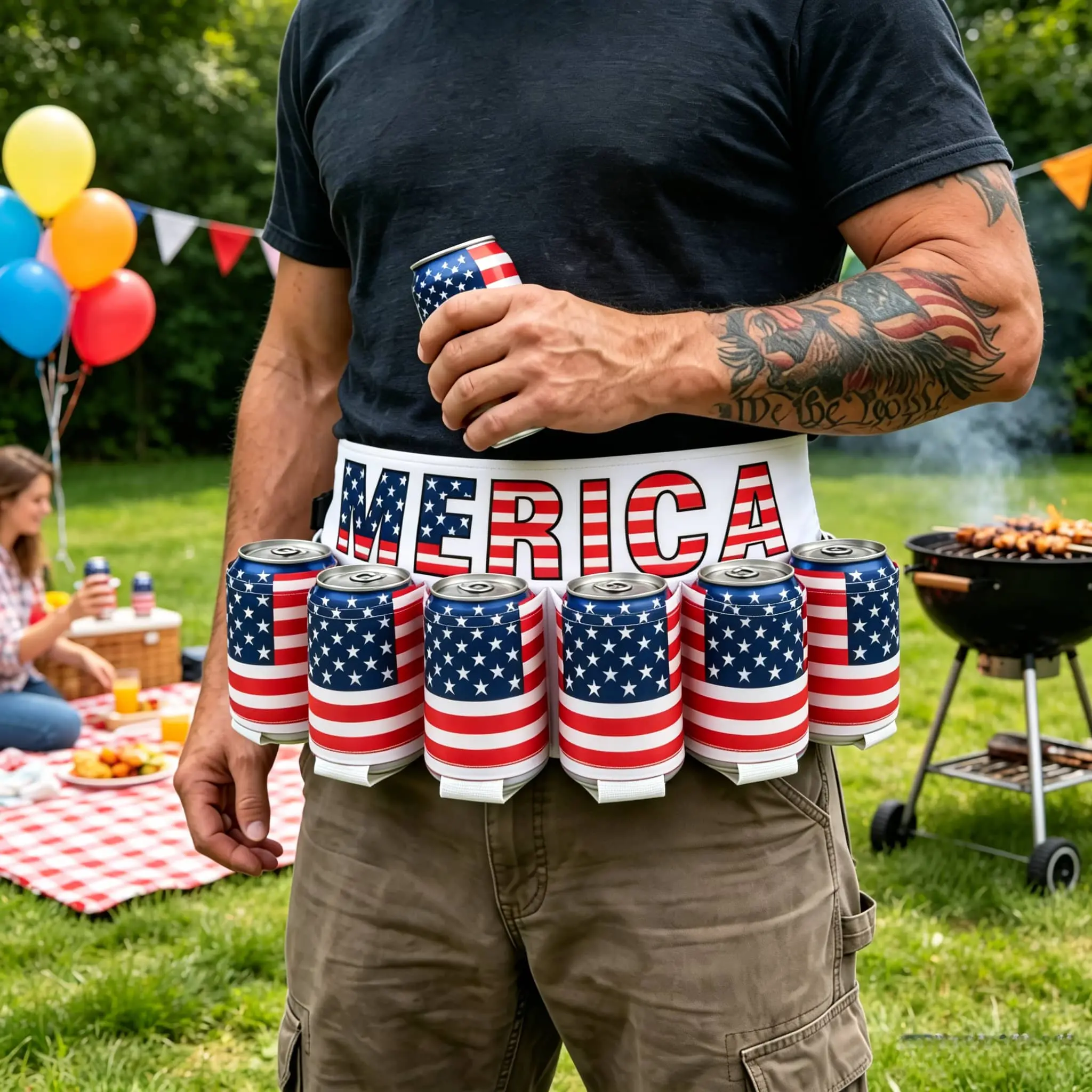 Patriotic USA Flag 6-Pack Drink Holder Belt, Adjustable Beer Can Holster For Men, Portable Drink Carrier, Must-Have Accessory For BBQ, Tailgating & 4th Of July Independence Day Parties