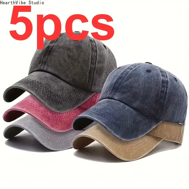 5-Piece Set: Solid-Color Vintage-Wash Baseball Caps (Khaki, Gray, Navy Blue, Black, Burgundy). Soft-touch, casual sports caps featuring a patriotic style and classic distressed design; adjustable and durable.