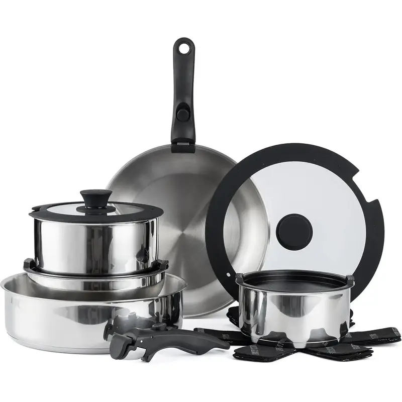 Stainless Steel Country Kitchen Camp Cookware Set with Removable Handle, Compact Stack, Oven-Safe, RV Camping Ready, Polished Finish