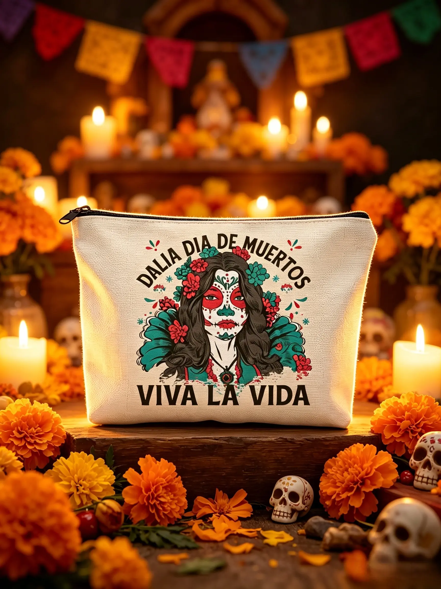Mexico Day of Dead Theme Print Storage Bag, Vintage Sugar Skull Makeup Bag, Multi-Functional Travel Zipper Pouch, Large Capacity, Foldable