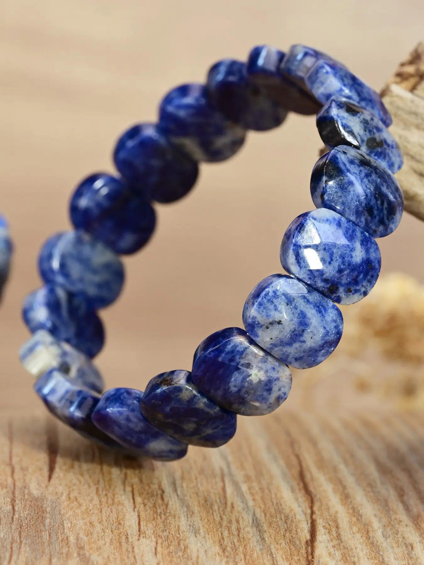 Vintage Blue Sodalite Bracelet, Square Faceted Nature Stone, Elastic Band, Unisex Bohemian Jewelry, Perfect for All Seasons