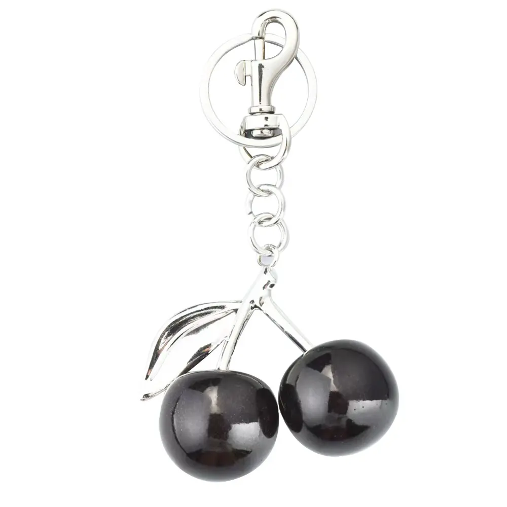 3D Glossy Black Cherry Keychain for Women, Silver Metal Fruit Bag Charm, Stylish Purse Pendant Car Key Ring, Edgy Aesthetic Small Gift for Girls Daily Use, Daily Wear, Cherry Motif, Edgy Look, Fruit Charm