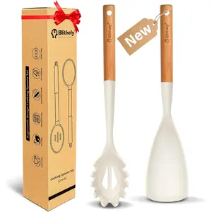 Silicone Cooking Spoon and Pasta Fork Set, 2 Pack Large Spatula Spoons Set with Wooden Handle, Heat Resistant Multifunction Spoon for Cooking, Serving and Mixing Spaghetti (White)