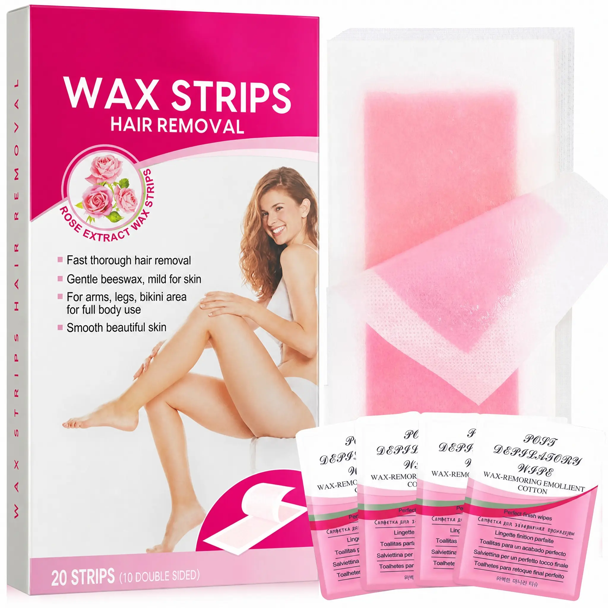 Rose Beeswax Gentle Hair Removal Wax Strips Kit for Women, Hypoallergenic For Multiple Skin Types, Full Body Bikini Underarm Use, 20 Double Sided Wax Strips with 4 Olive Oil Finishing Wipes