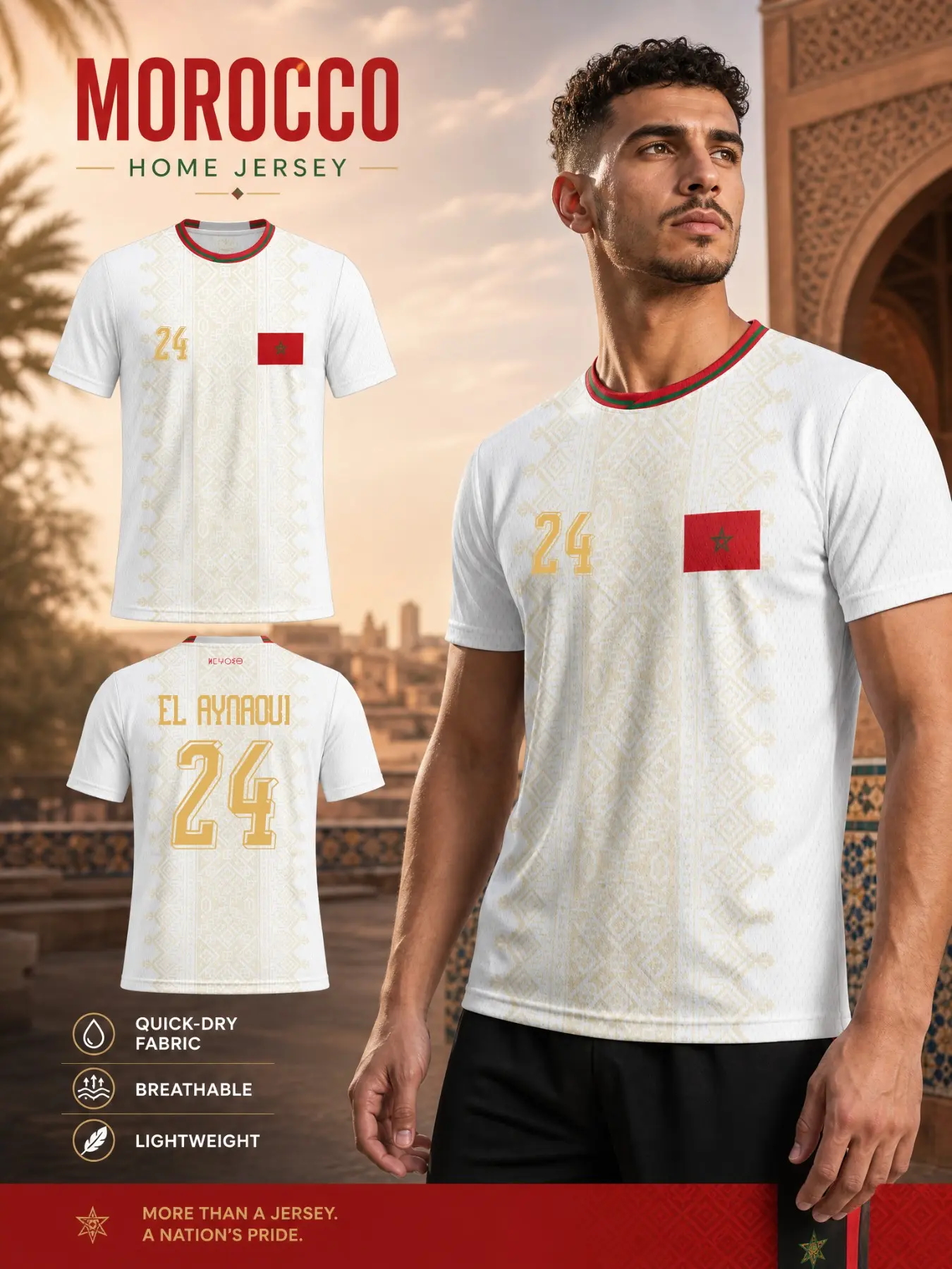 Morocco Home Soccer Jersey 2026, Traditional Geometric Pattern, Quick-Dry Breathable Lightweight, Fan Gift for Morocco Supporters, Sport Jersey