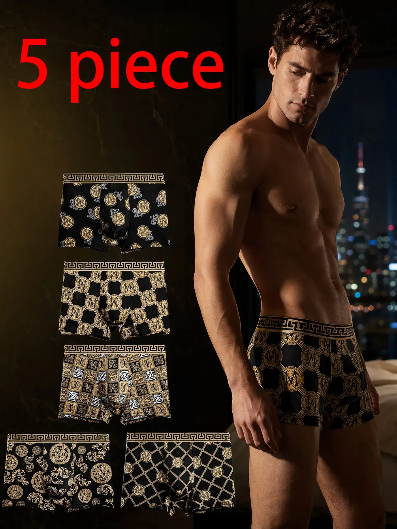 5-Pack Men's Low-Rise Boxer Briefs, Lightweight Luxury Retro Gold Print Business Style, Casual Style Underwear, High Elastic Breathable Moisture-Wicking