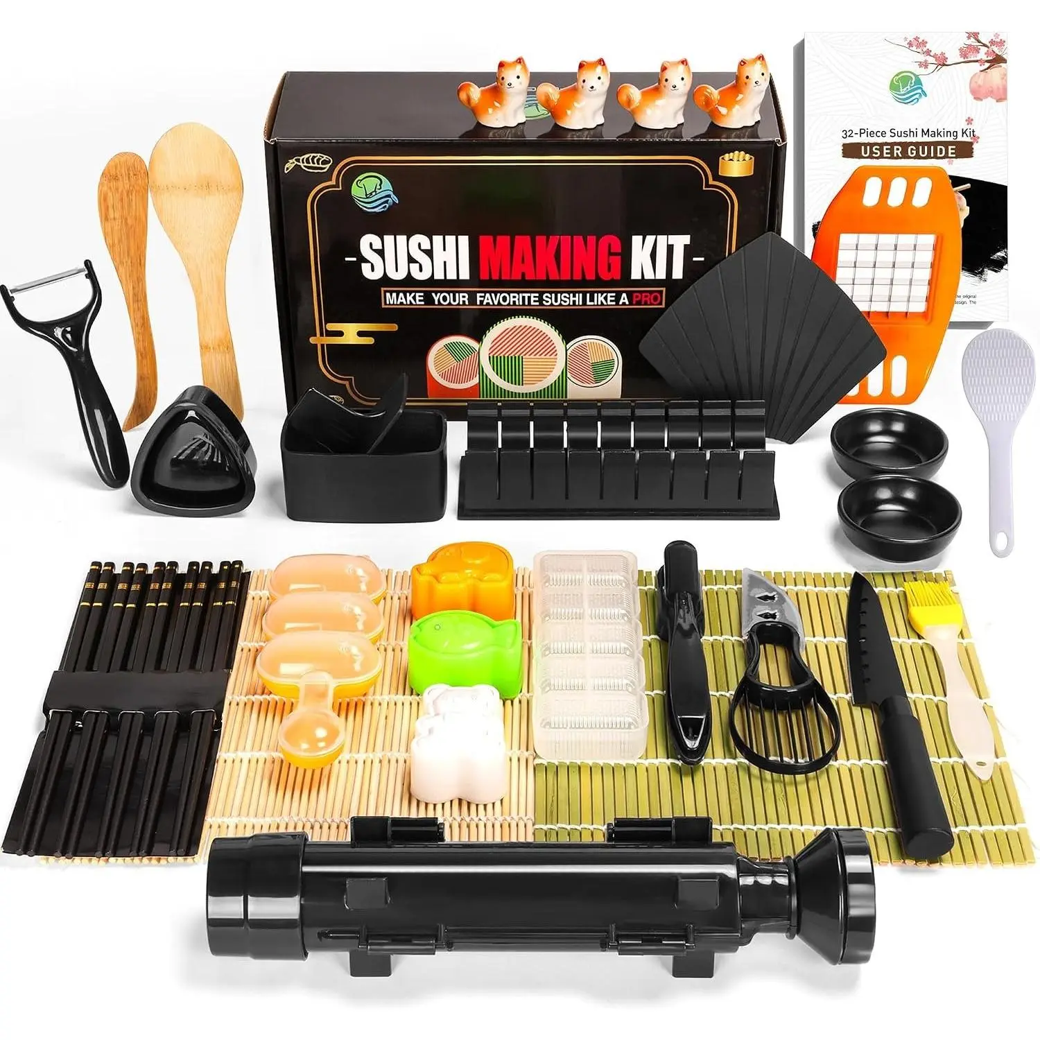 Whimsical Kawaii Synthetic 32-in-1 Complete Sushi Making Kit for Family Fun | with Bazooka Roller, Nigiri Press, Musubi Press, Mats, Peeler, Shaped Molds, Chopsticks