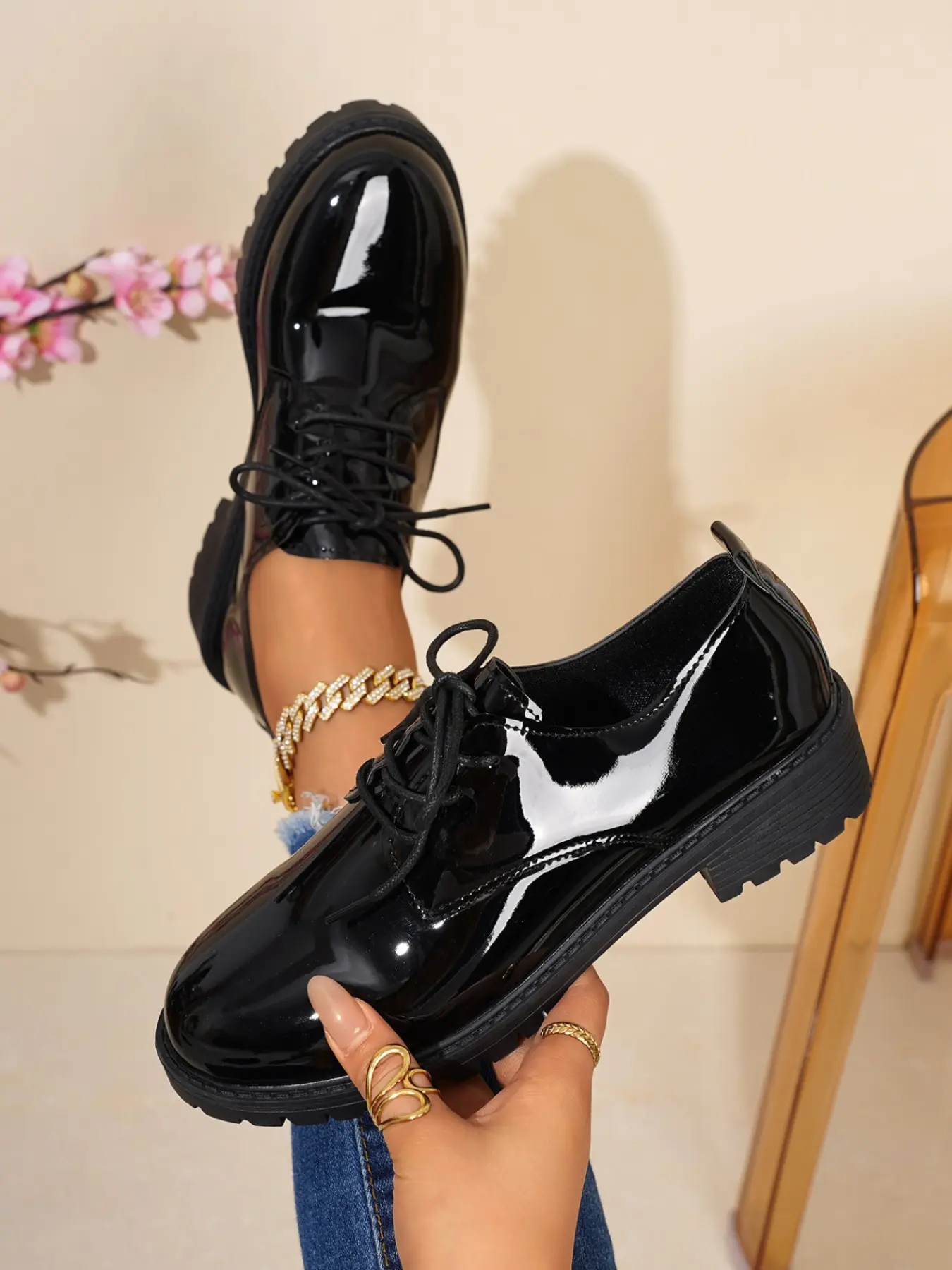 Women's Glossy PU Leather Casual Oxford Shoes, Thick Sole Chunky Heel Lace-Up, Vintage College Style, Versatile Jk Uniform Commuter Shoes