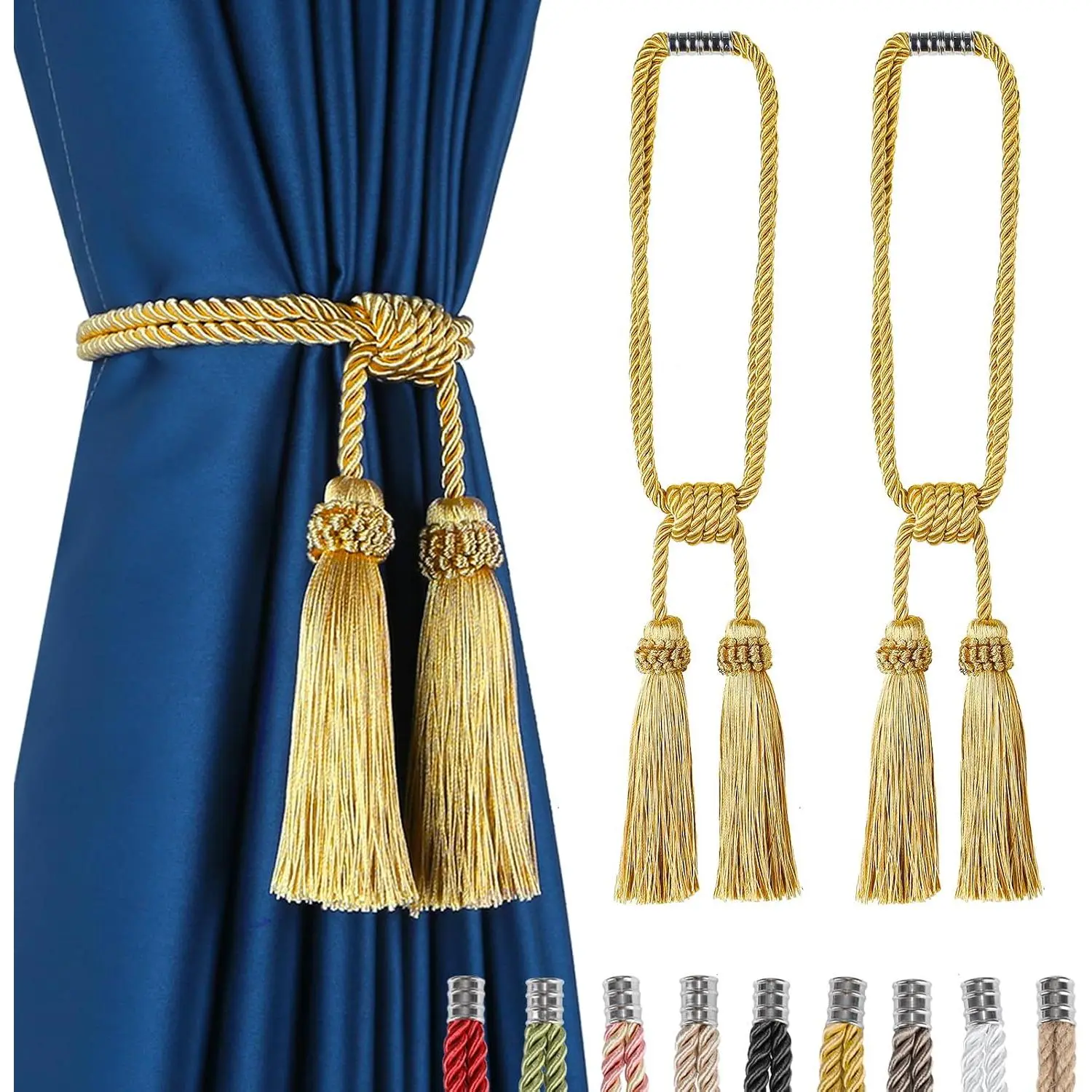 2-Pack Easy Magnetic Curtain Tiebacks, Modern Handmade Tassel Holdbacks for Draperies, Gold Indoor Window Decor 2-Piece Set, Two Piece Set