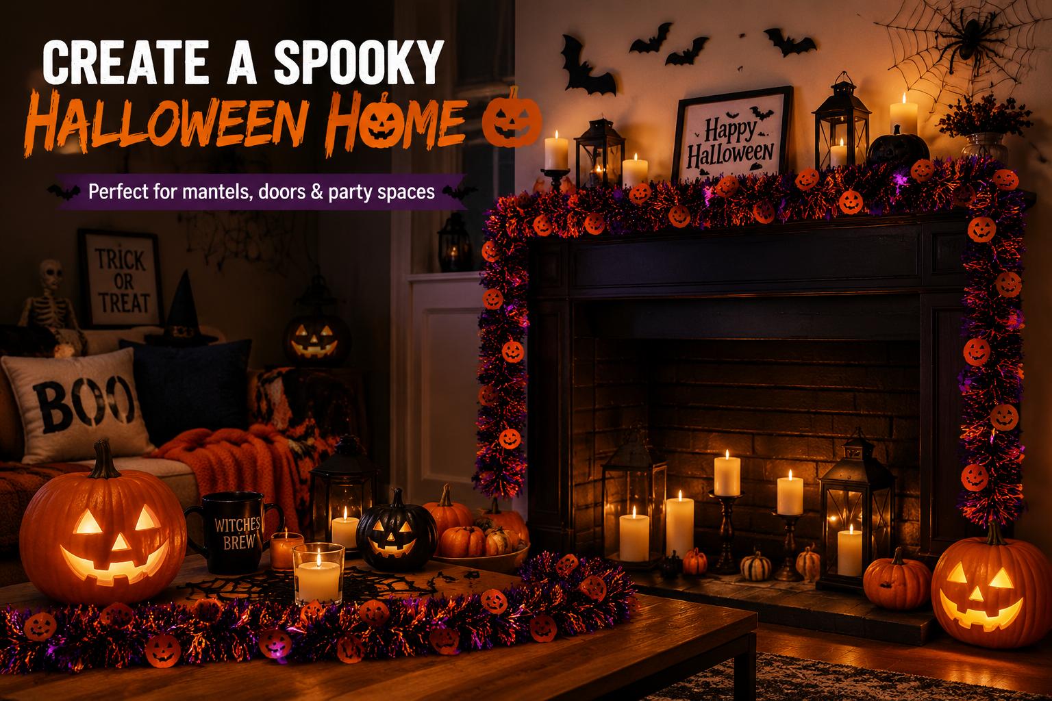 Halloween Tinsel Garland 4 Pack 26 Feet Metallic Black Orange Purple Streamers with Pumpkin Bat Spider Decor for Mantel Fireplace Door Window Party Indoor Outdoor Festive Decoration