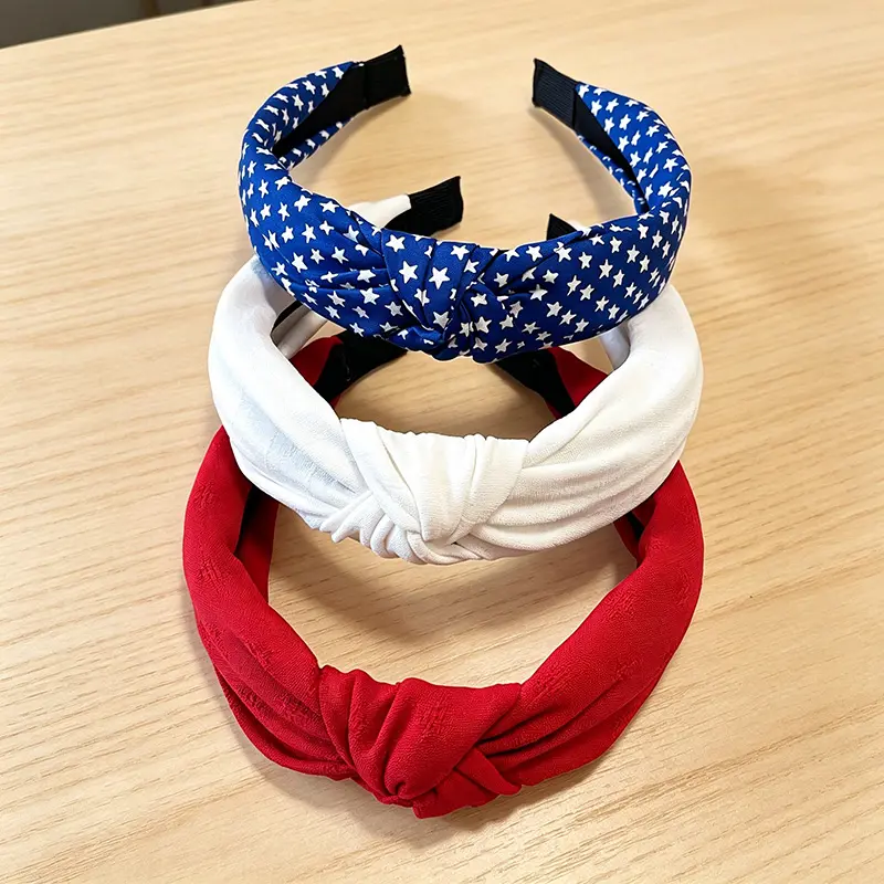 Set of 3 Women's Red, White, and Blue Five-Pointed Star Solid Color Fabric Wide Headbands, Sweet Style Hair Accessories for Daily Use and American Independence Day, Includes Headbands, Hair Clips, and Hair Ties