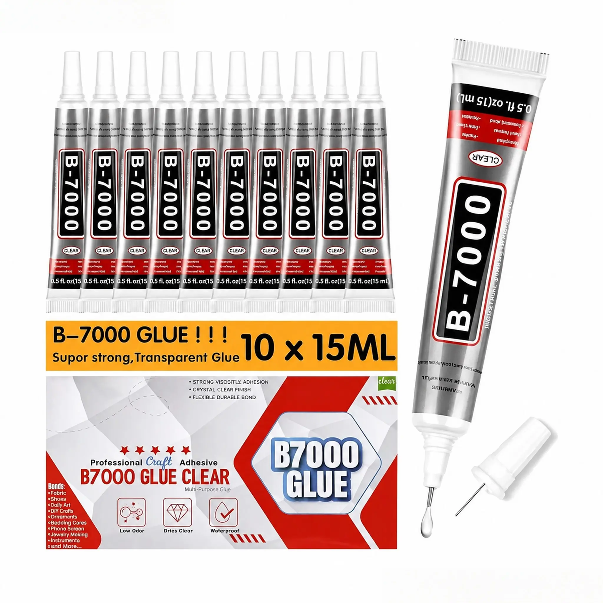 B7000 Rhinestone Glue Clear 10 PCS 15ml – Strong Transparent No Trace Jewelry Glue with Precision Tip, Quick Dry Multi-Purpose Adhesive for Making Nail Makeup Fabric Shoes Craft Phone Repair Strong Bond Glue