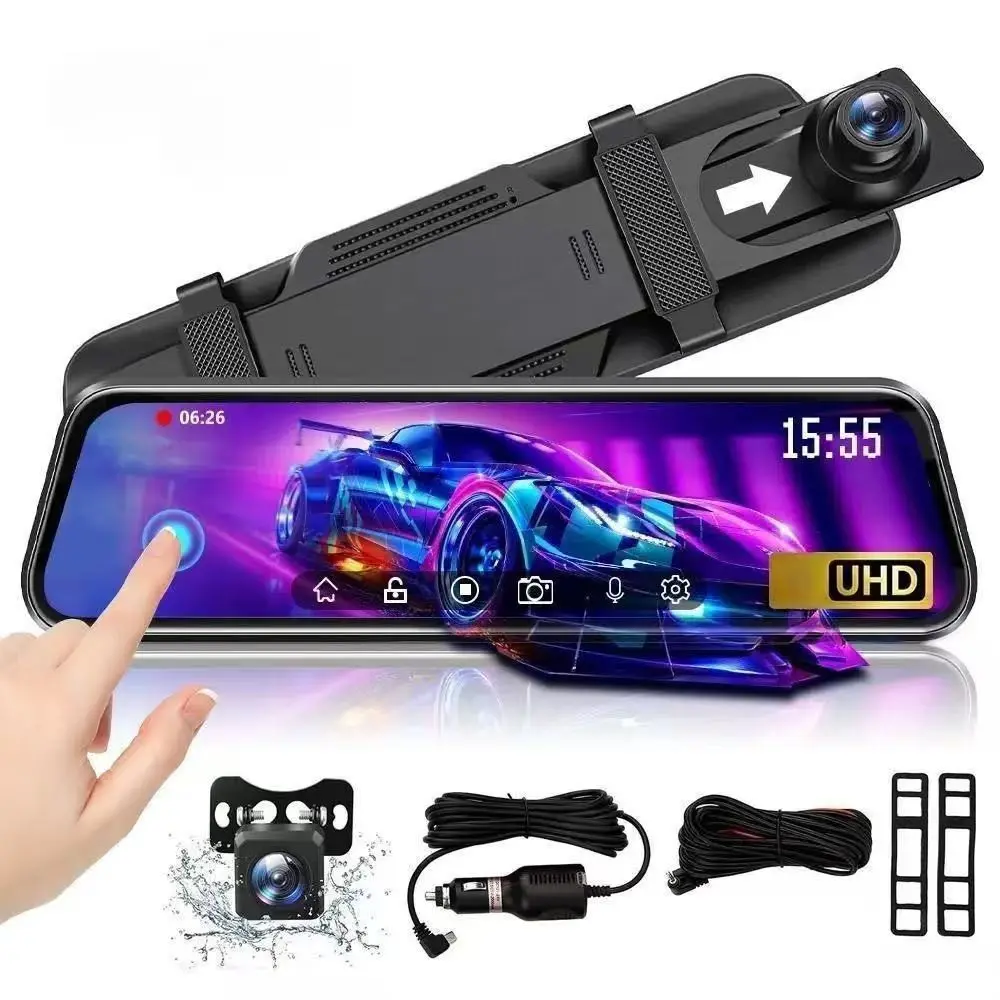 1080P HD dash cam with 10-inch touch screen, dual front lenses and rear camera, night vision, waterproof rear camera, 24-hour parking monitoring and parking assist. Ideal as vehicle dash recorder, rearview camera, Automotive Dashcam, Dashcams for cars