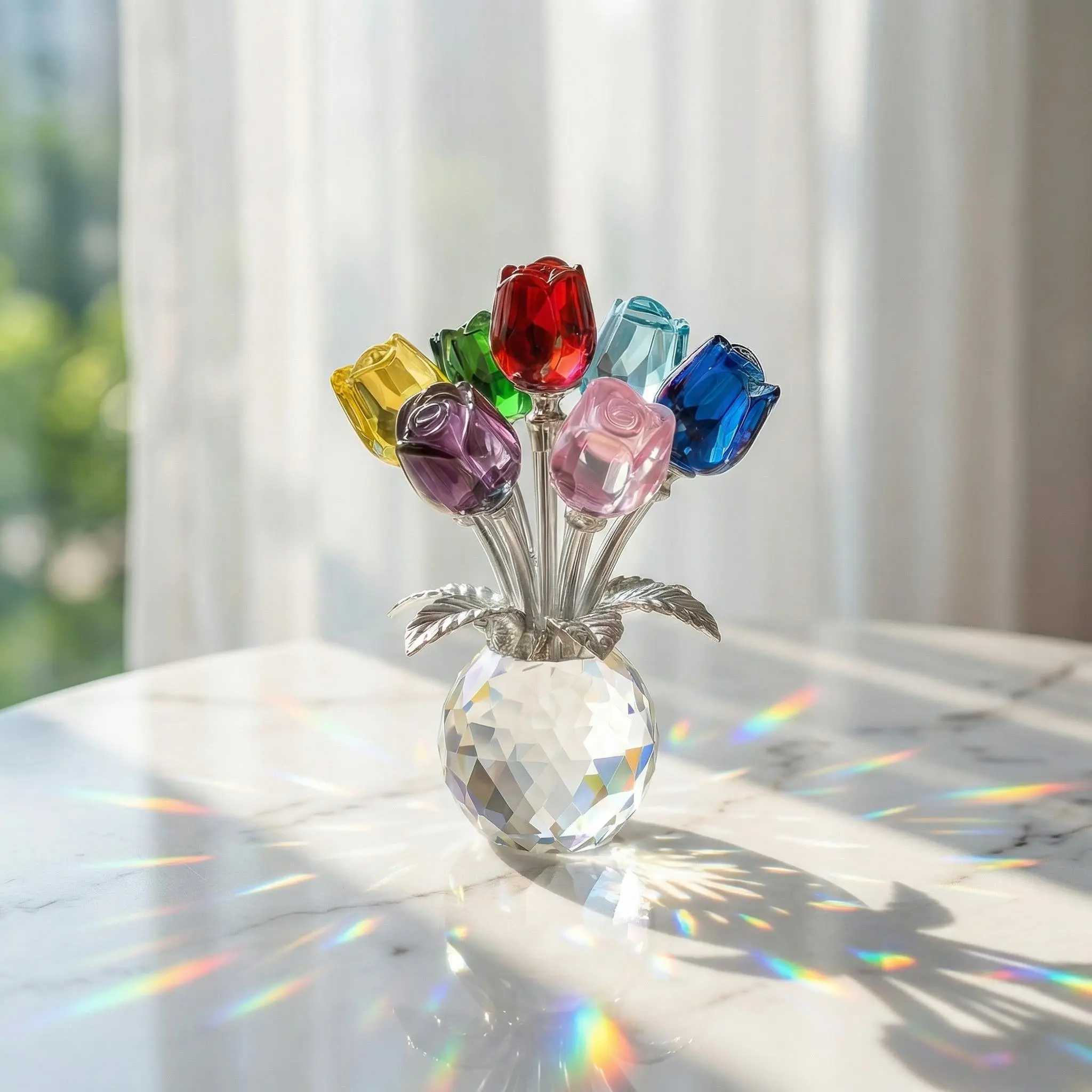 Handcrafted K9 Crystal Rainbow Rose Bouquet in Vase - Never-Fading Eternal Flower Gift for Friend, Graduation, New Apartment, Dorm Desk Decor, Sentimental Keepsake