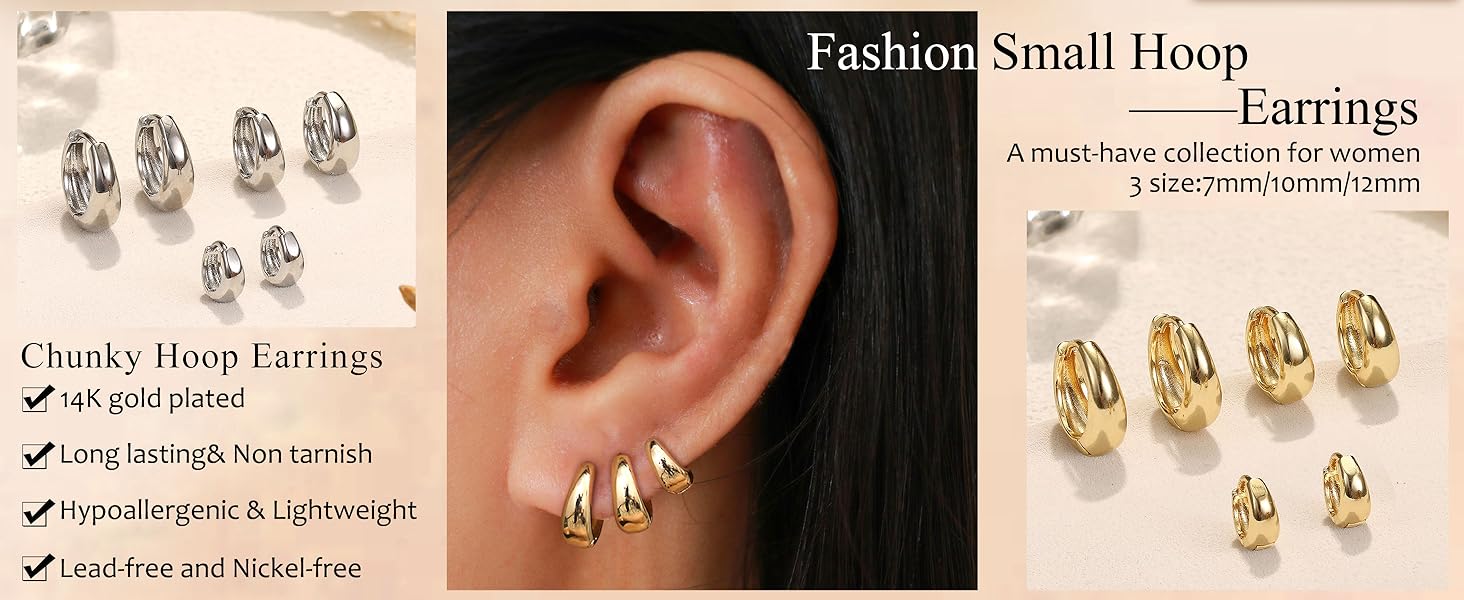 CASAIECA 3Pairs Hoop Earrings Set for Women 14K Gold Plated Chunky Earring Silver Plated Hypoallergenic Small Huggie Hoops Lightweight Tiny Thick Trendy Hoop Earrings Stacks for Multiple Piercing