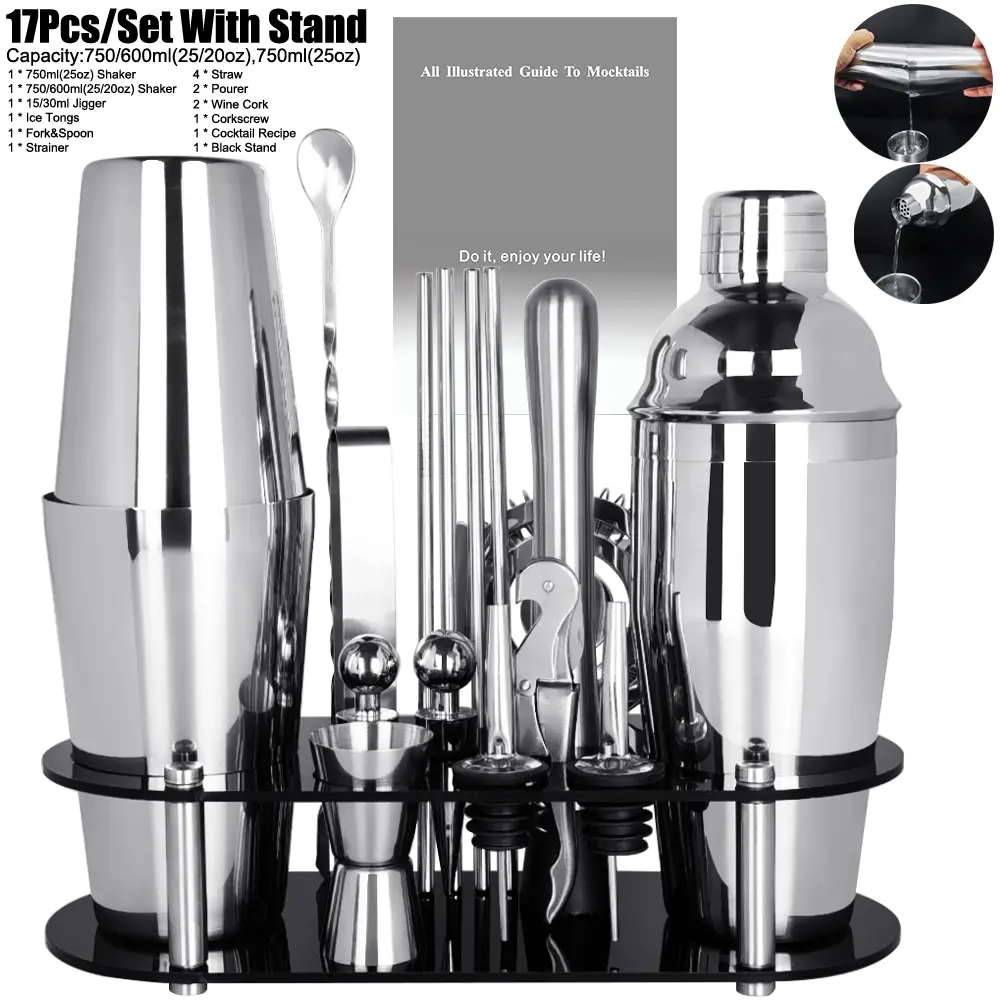 17Pieces Cocktail Shaker With Stand and Cocktail Recipe, Bartender Kit: 25oz & 25oz/20oz Stainless Steel Cocktail Shakers Set 750/600ml, Bar Tools Set Include: Muddler, Jigger, Corkscrew, Ice Tongs
