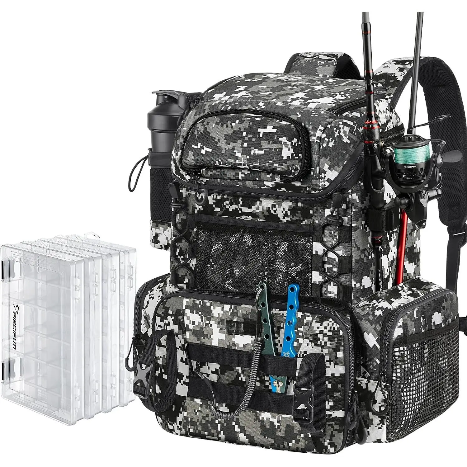Fishing Tackle Backpack with Rod Holders & 4 Tackle Boxes, 42L Outdoor Fishing Bag with Waterproof Rain Cover