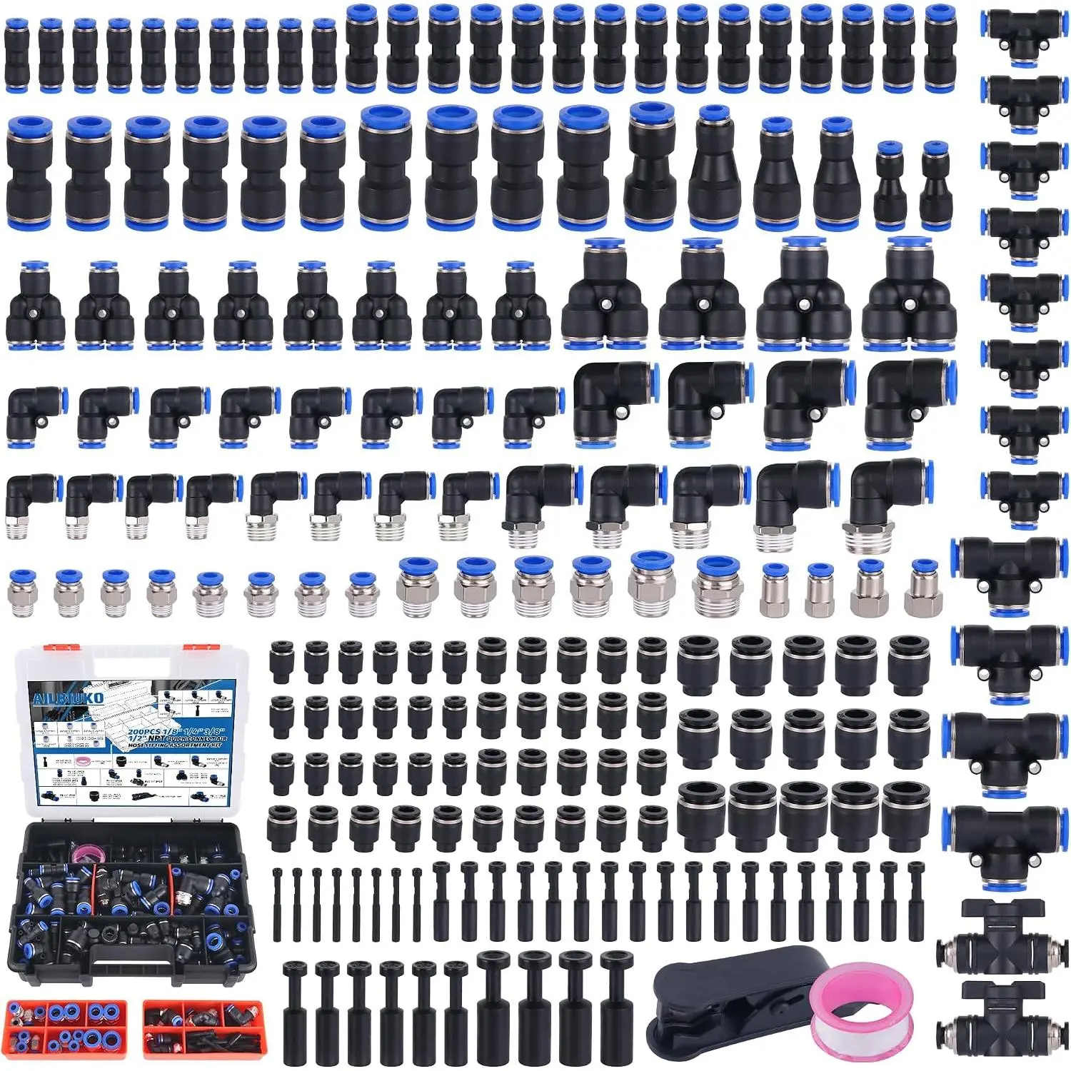 200 count Pneumatic Quick Connect Air Hose Fitting Kit | 1/8" 1/4" 3/8" 1/2" NPT Thread Push to Connect Fittings,Air Line Quick Connect Quick Release Fitting  Kit