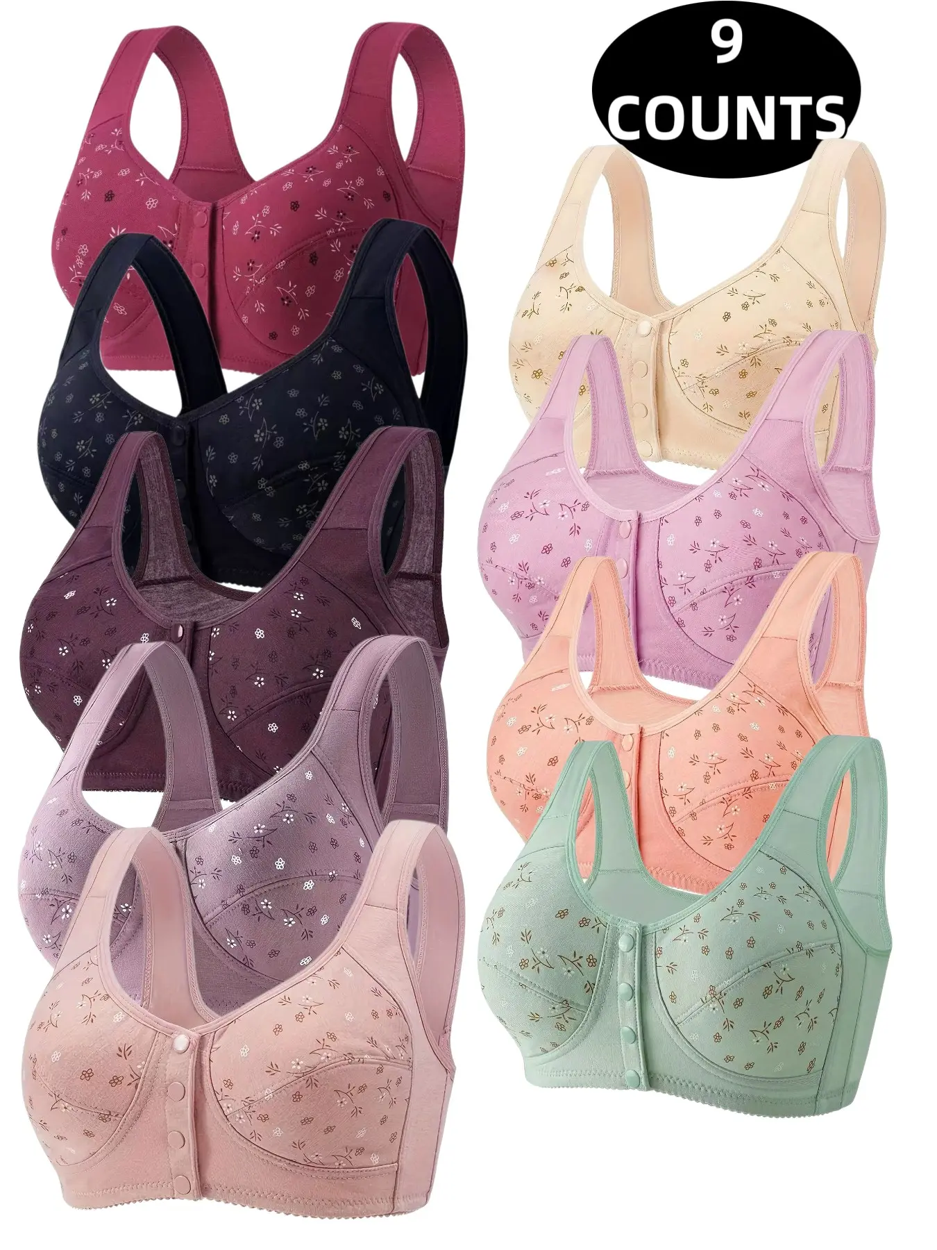 9-Pack Floral Push-Up Bras, Wireless Full Coverage, Comfortable Breathable, Front Buckle Design, Elderly Friendly, Everyday, All Seasons