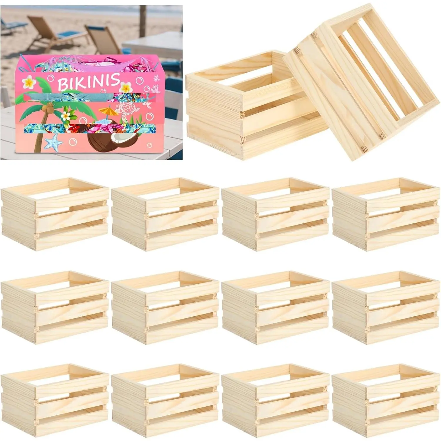 12PCS Decorative Wood Crates Nesting Storage Container, Samll Bikini Box, 5" Farmhouse Decorative DIY Wooden Storage Boxes, Rustic Wooden Crates for Storage Display
