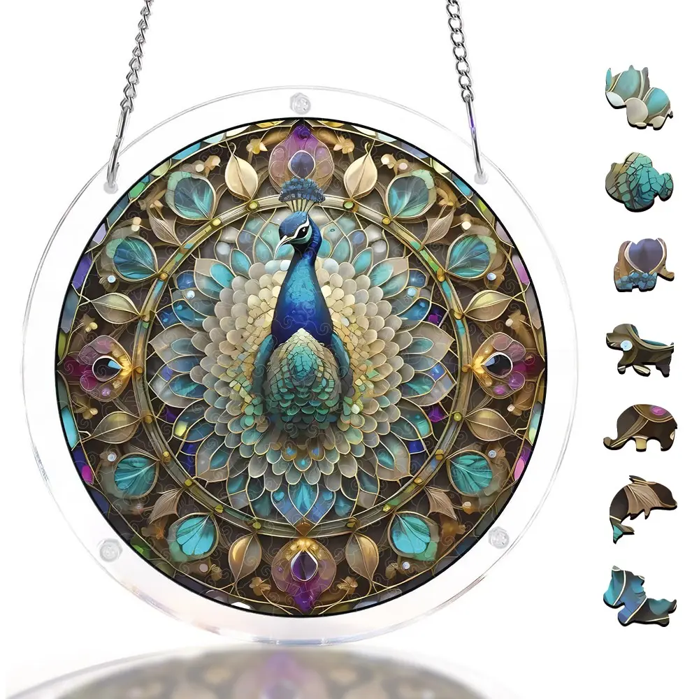 Acrylic Puzzles Suncatcher Window Hanging, Peacock Catchers Stained Glass Style DIY Jigsaw Puzzle Kit, Home Garden Decor Art Toy