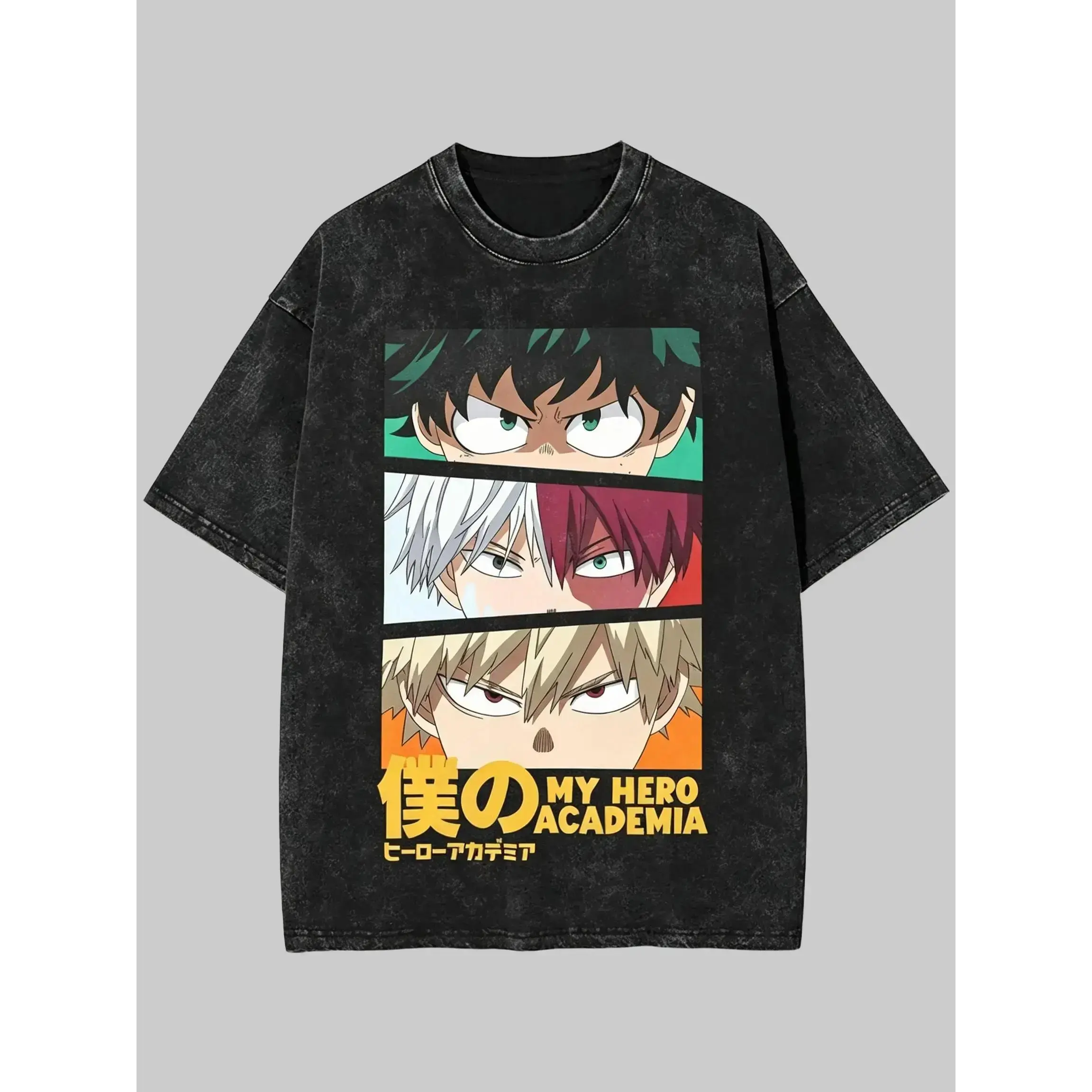 My Hero Academia Deku Bakugo Todoroki Vintage Washed Graphic Tee Oversized Heavyweight Cotton Anime Streetwear Boxy Fit Drop Shoulder Relaxed Fit Y2K Casual Unisex T Shirt