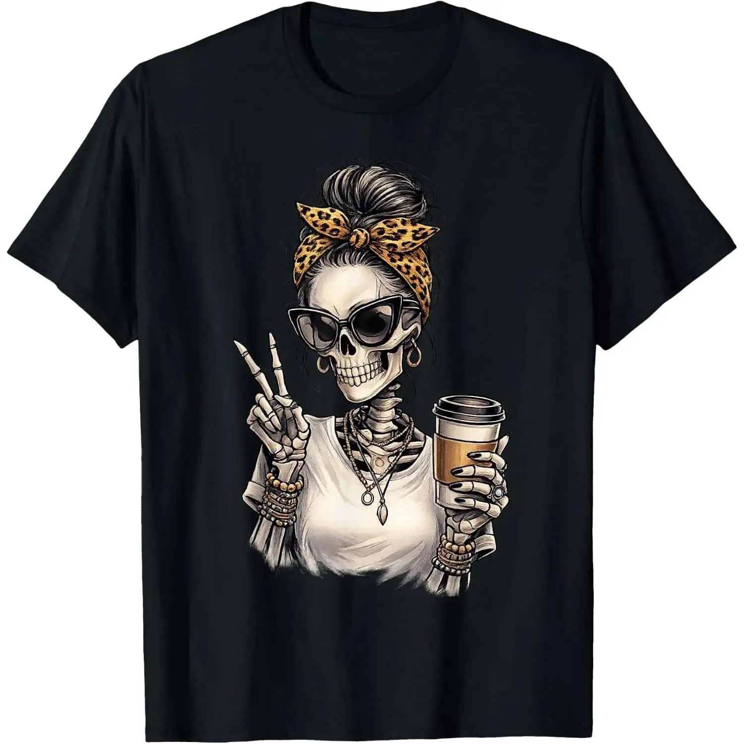Skeleton Girl Drinking Coffee Peace Sign Graphic 100% Cotton T-Shirt