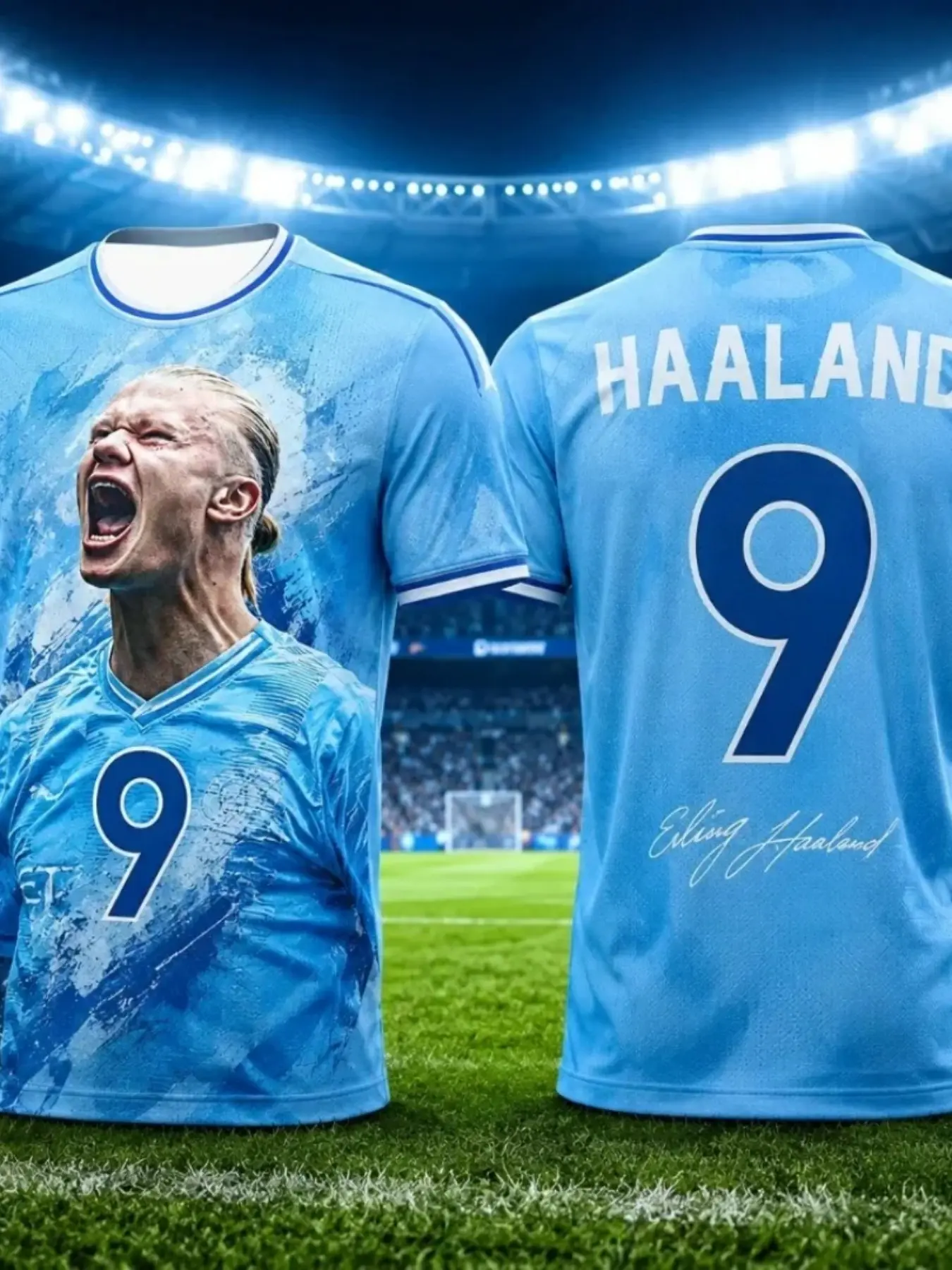 Haland Stadium Roar Ink Texture 3D Full Print Round Neck Jersey, Blue Dual Layer Moisture-Wicking Top, Unisex Casual Short Sleeve