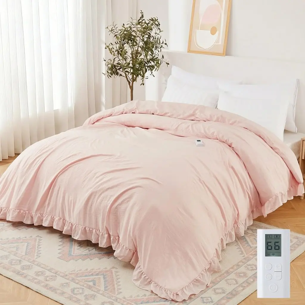 Garvee Heated Comforter Blanket King Size, Ruffle Electric Quilt with Wireless LCD Controller, Fast Heating & Overheat Protection, ETL Certified, Machine Washable (Pink, King 104"x90")