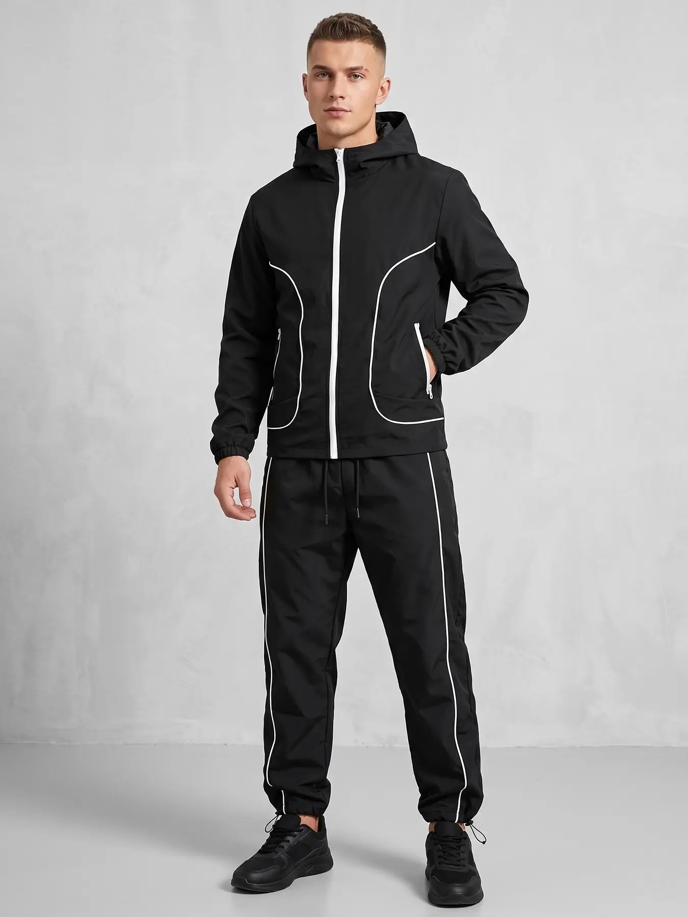 Men's 2 Piece Sweatsuit Set with Contrast Binding, Casual Workout Tracksuit, Casual Training Running Tracksuit, Hooded Full Zip Windbreaker Jacket with Zipper Side Pocket, Quick Dry Sweatpants with Adjustable Drawstring Ankle Cuffs, Activewear Tracksuits
