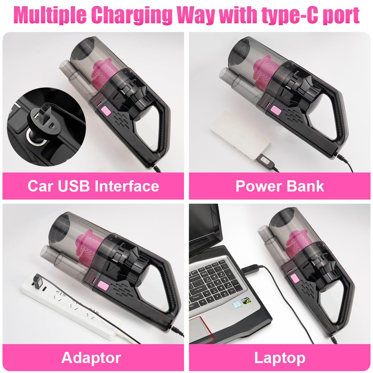 Car Vacuum Cordless Rechargeable, 8000PA High Power Handheld Vacuum Cleaner with 17PCS Car Cleaning Kit, Pink Auto Accessories for Women Gift