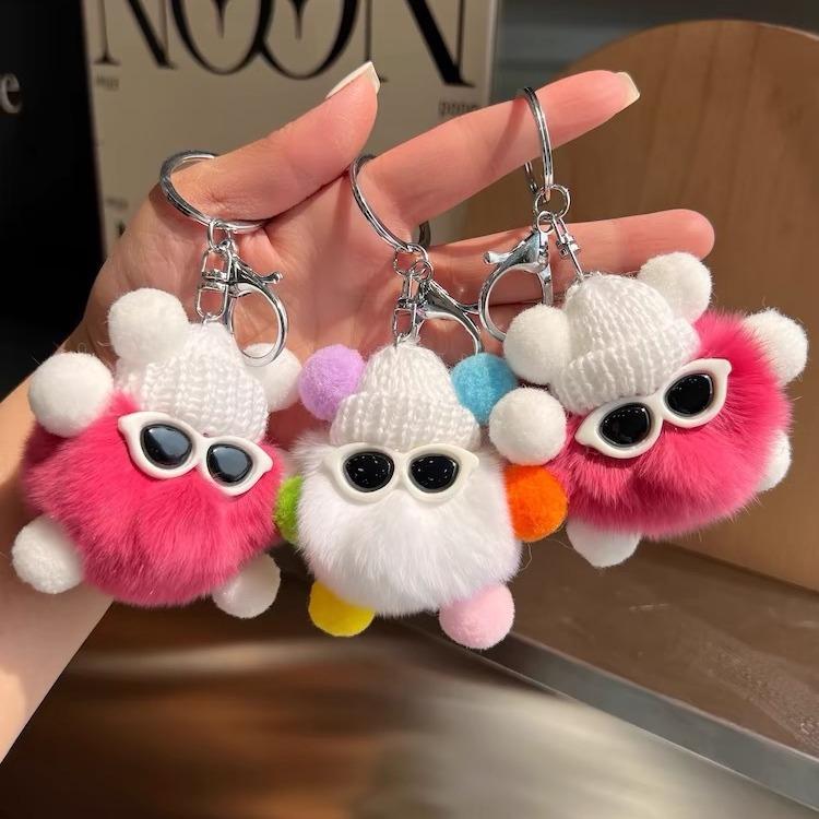Cute faux rex rabbit fur plush little coal ball bag pendant, coal ball doll ornament, cartoon toy car keychain