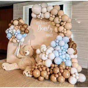 Blue Brown Nude Balloon Garland Double Stuffed Dusty Blue Coffee Pastel Balloon Kit for Teddy Bear Baby Shower Boy Birthday Gender Reveal Boho Theme Decorations