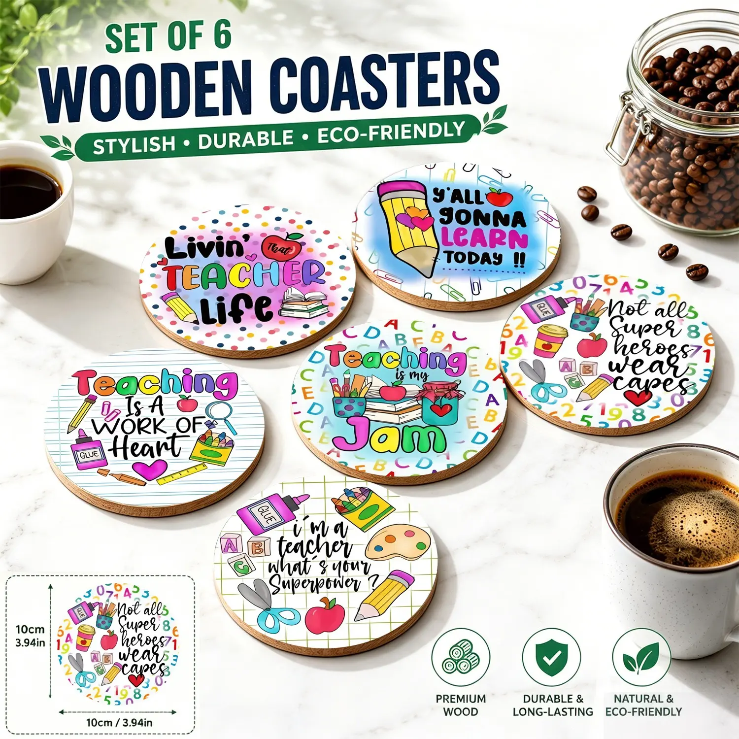 6PCS Teacher Wooden Coasters | Funny Teacher Life Quotes | Best Teacher Appreciation Gift | End of School Year Present | Classroom Coffee Desk Decor | Eco Durable 🍎