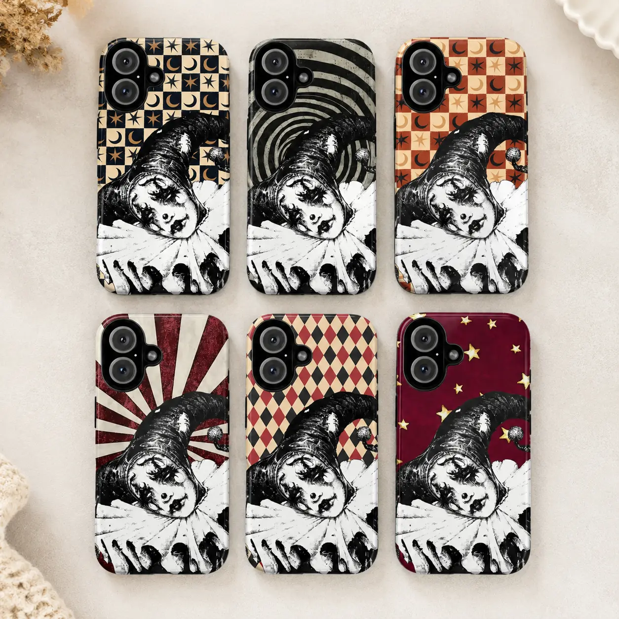 Whimsigoth Celestial Star & Dark Academia Clown Phone Case, Retro Y2K Grunge Aesthetic Phone Cover for iPhone 17 Pro Max 16 15 14 13 12 11 |   Whimsical Moon & Star Tough Case, Gothic Pierrot Clown Checkerboard Print, Indie Alt Fairycore,Spooky,Late,Night