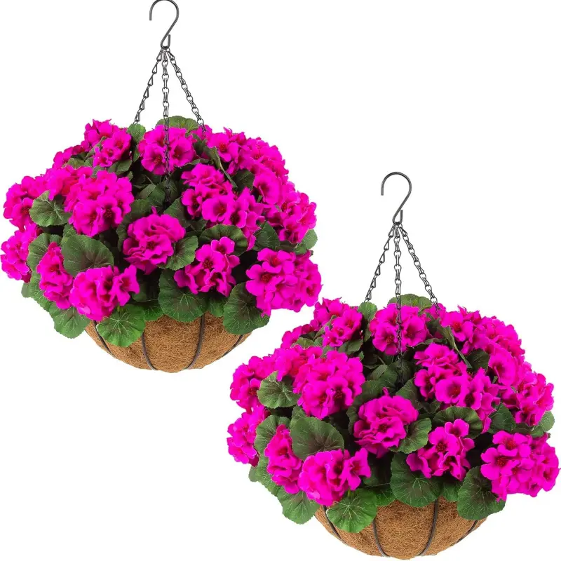 2 Sets Hanging Baskets with 24Pcs Red Geraniums - UV Resistant Faux Flowers, Floral Arrangement for Summer to Fall Outdoor Porch, Garden & Thanksgiving Patio Decor, No Watering, Fade Proof, All-Weather