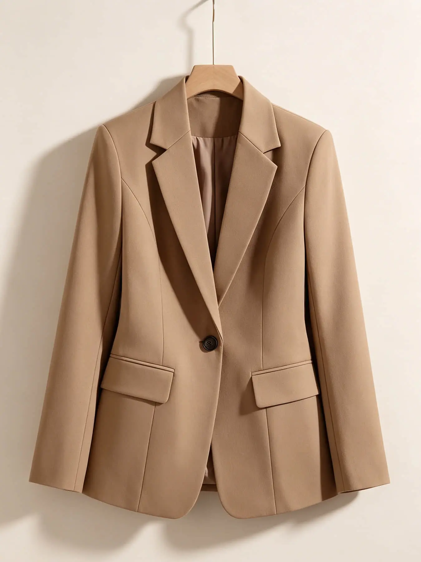A women's minimalist commuting style camel colored suit jacket, Lapel neck blazer, with button closure, slim fitting, professional feel, suitable for spring and autumn, interviews, parties, dates, and anniversaries