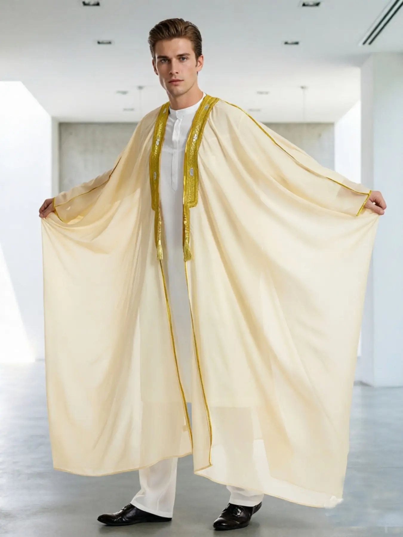 Men's Long Robe, Arabic Embroidered Long Sleeve, Gold Bead Chiffon Outerwear, Muslim Shawl, Stage Performance Costume